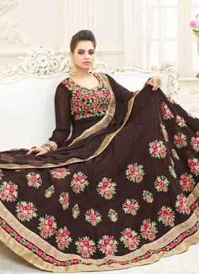Brown georgette semi stitched wedding floor length anarkali churidar 2