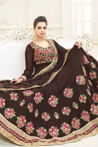 Brown georgette semi stitched wedding floor length anarkali churidar