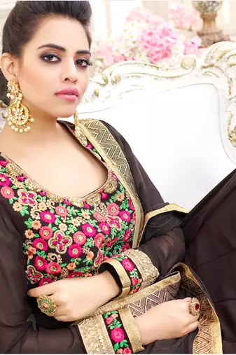 Brown georgette semi stitched wedding floor length anarkali churidar