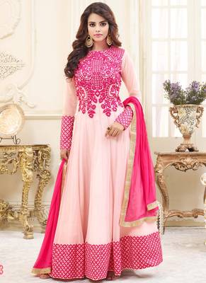 Pink georgette & silk semi stitched wedding gown anarkali 1