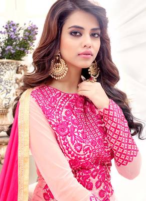 Pink georgette & silk semi stitched wedding gown anarkali 2