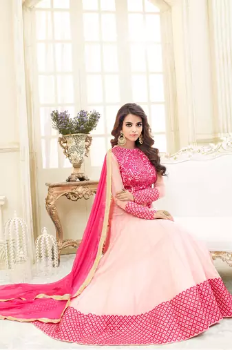 Pink georgette & silk semi stitched wedding gown anarkali