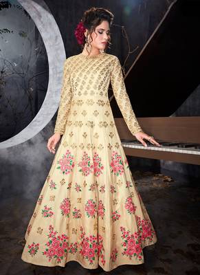 Beige silk semi stitched wedding gown anarkali 1