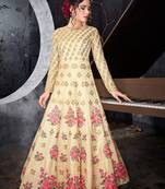 Beige silk semi stitched wedding gown anarkali