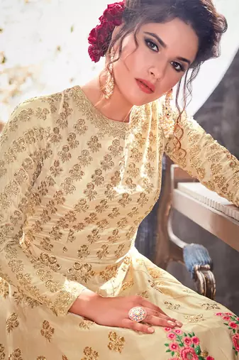 Beige silk semi stitched wedding gown anarkali