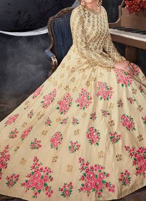 Beige silk semi stitched wedding gown anarkali 3