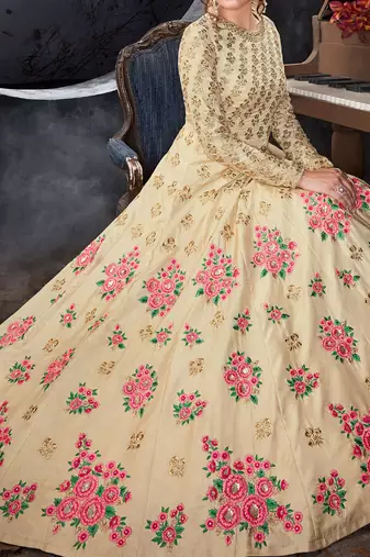 Beige silk semi stitched wedding gown anarkali