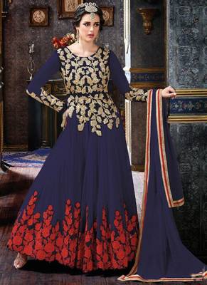 Blue net & silk semi stitched wedding floor length anarkali 1