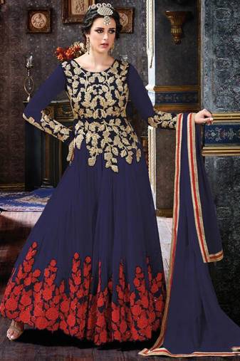 Blue net & silk semi stitched wedding floor length anarkali