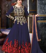 Blue net & silk semi stitched wedding floor length anarkali
