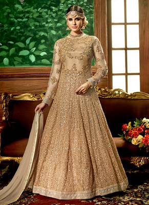 Beige net semi stitched wedding floor length anarkali churidar 1