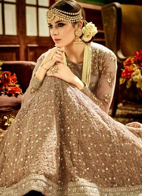 Beige net semi stitched wedding floor length anarkali churidar 2