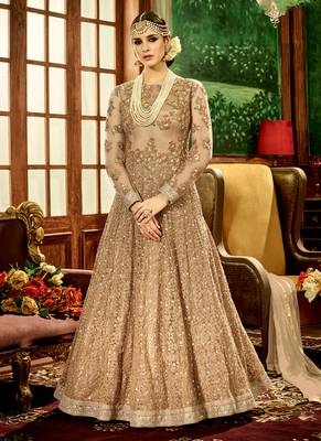 Beige net semi stitched wedding floor length anarkali churidar 3