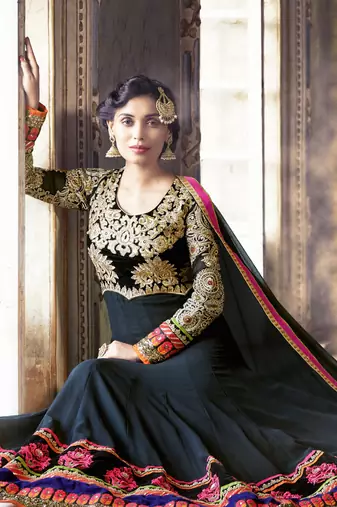 Black georgette semi stitched wedding anarkali churidar