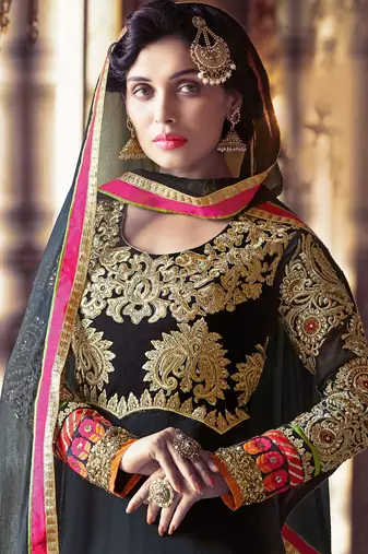Black georgette semi stitched wedding anarkali churidar