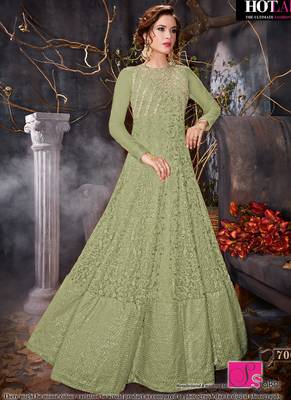 Green net semi stitched wedding floor length anarkali churidar 1