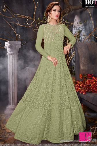 Green net semi stitched wedding floor length anarkali churidar