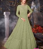Green net semi stitched wedding floor length anarkali churidar