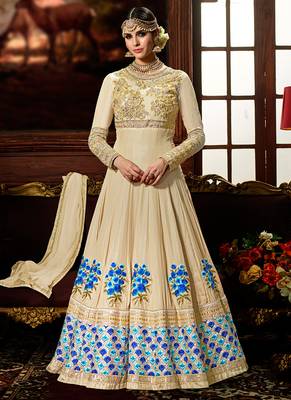 Beige silk semi stitched wedding floor length anarkali 1
