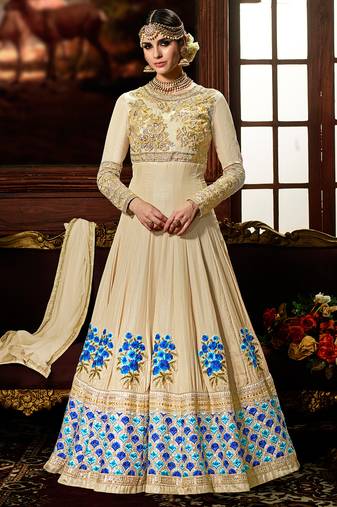 Beige silk semi stitched wedding floor length anarkali