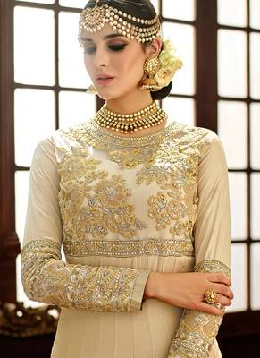 Beige silk semi stitched wedding floor length anarkali 2