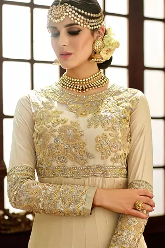 Beige silk semi stitched wedding floor length anarkali