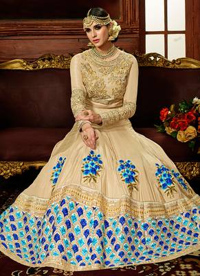 Beige silk semi stitched wedding floor length anarkali 3