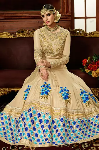 Beige silk semi stitched wedding floor length anarkali