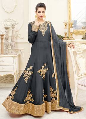 Grey chiffon & silk semi stitched wedding abaya anarkali 1