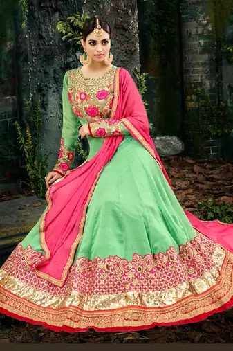 Green georgette semi stitched wedding anarkali suit