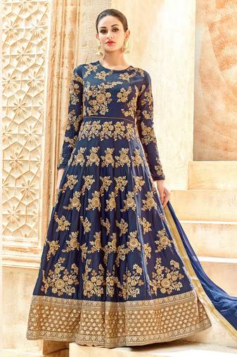 Blue silk semi stitched wedding floor length anarkali