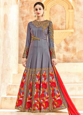 Grey silk semi stitched wedding abaya anarkali 1