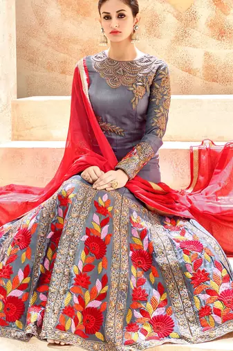 Grey silk semi stitched wedding abaya anarkali