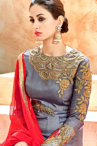 Grey silk semi stitched wedding abaya anarkali