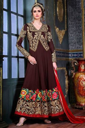 Brown georgette semi stitched wedding floor length anarkali