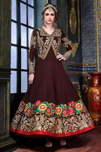 Brown georgette semi stitched wedding floor length anarkali