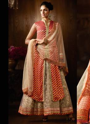 Pink viscose jacquard & net semi stitched wedding anarkali suit 1