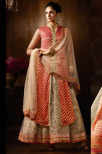 Pink viscose jacquard & net semi stitched wedding anarkali suit