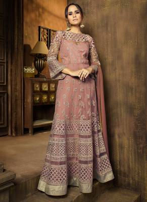 Dusty pink net semi stitched wedding floor length anarkali 1
