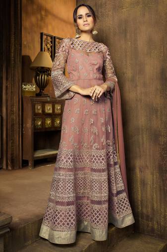 Dusty pink net semi stitched wedding floor length anarkali