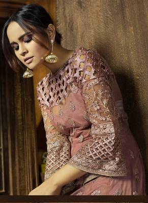 Dusty pink net semi stitched wedding floor length anarkali 2