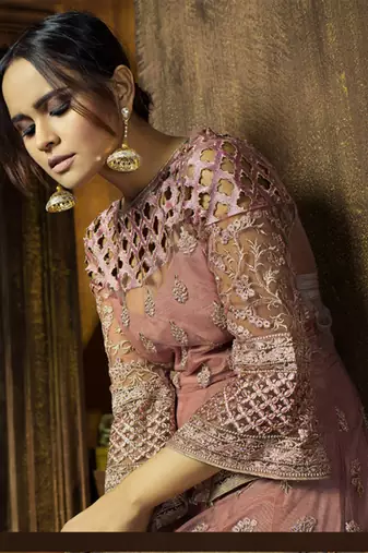 Dusty pink net semi stitched wedding floor length anarkali