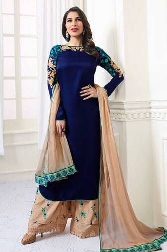 Blue modal satin semi stitched wedding palazzo suit