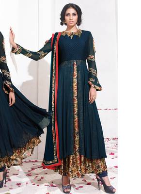 Blue georgette semi stitched wedding gown anarkali churidar 1