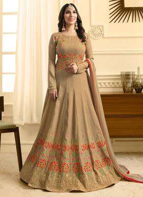 Beige silk semi stitched wedding anarkali 1