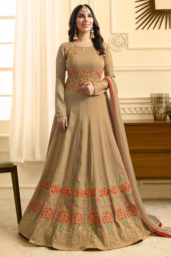 Beige silk semi stitched wedding anarkali