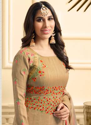 Beige silk semi stitched wedding anarkali 2