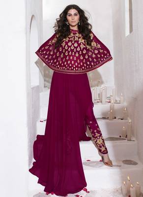Magenta chiffon & net semi stitched wedding pant crop top kameez 1