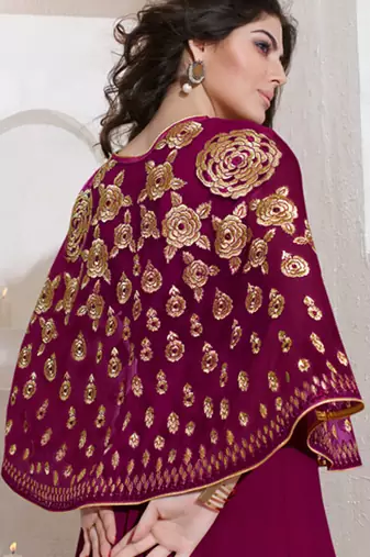 Magenta chiffon & net semi stitched wedding pant crop top kameez