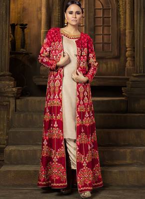 Beige & red raw silk & velvet semi stitched wedding jacket salwar kameez 1